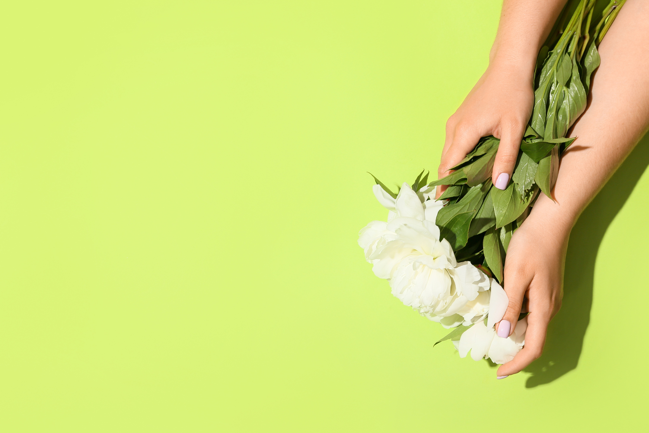 Woman with Beautiful Manicure Holding Flower on Color Background
